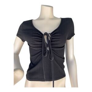 American Eagle Ribbed Keyhole Crop Top Tee Shirt Size M Black